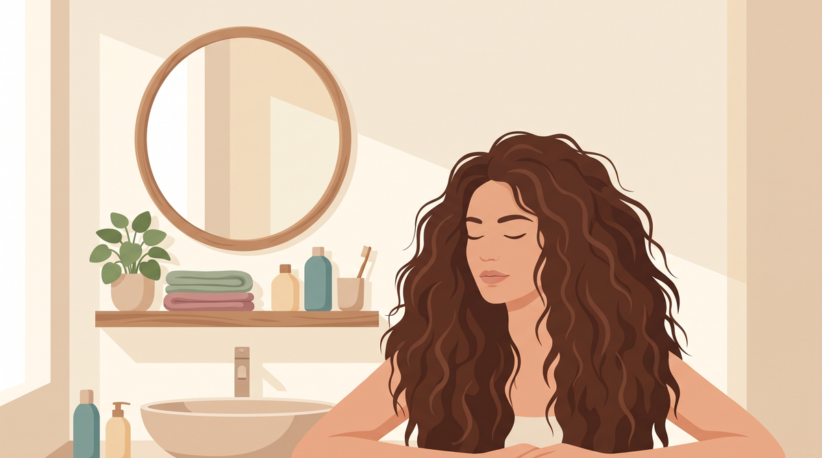 Illustration: Frau mit sehr dichtem, widerspenstigem braunem Haar im Badezimmer