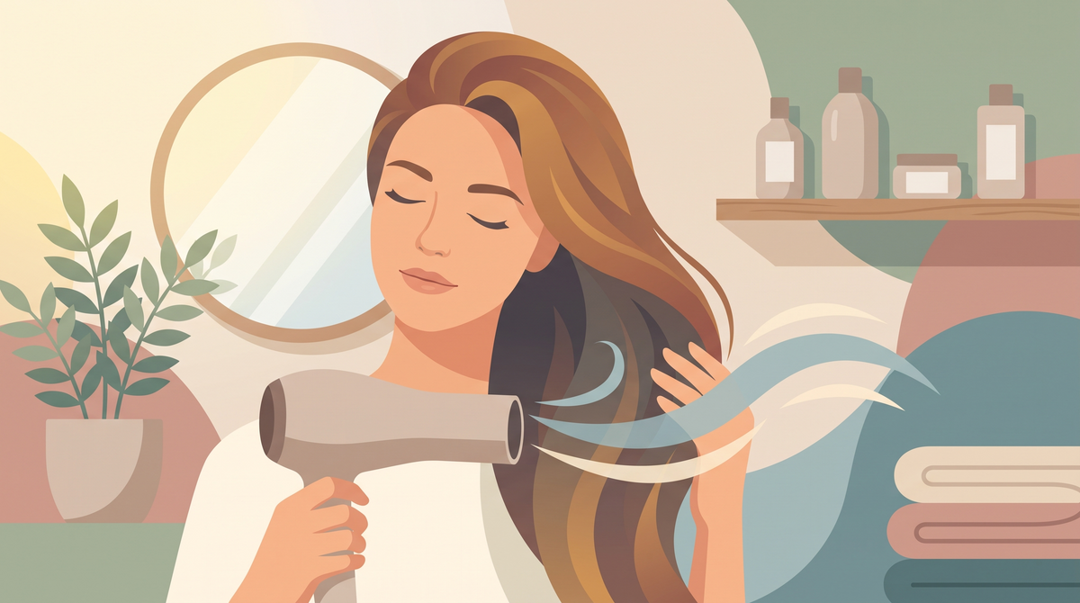 Illustration: Frau föhnt ihr handtuchtrockenes Haar mit einem Föhn