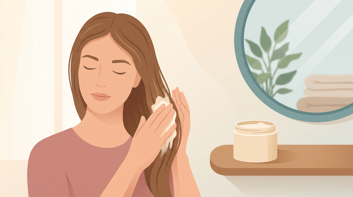 Illustration: Frau verteilt eine Haarmaske in den Längen und Spitzen