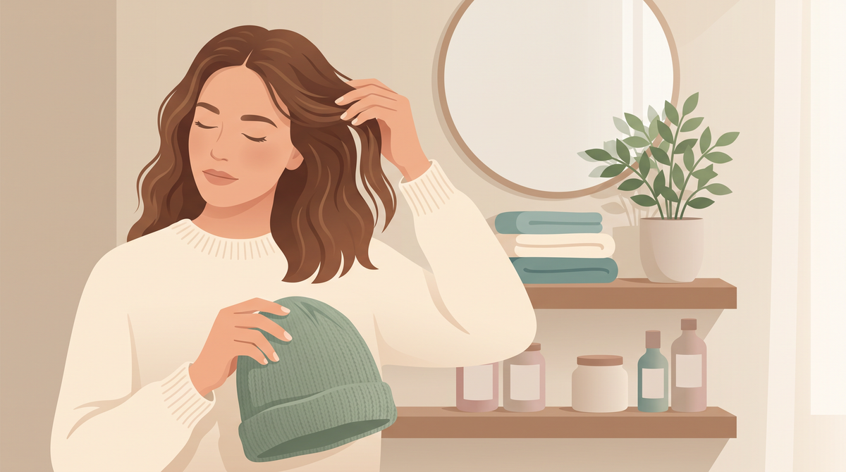 Illustration: Frau nimmt die Haube ab und hebt ihr Haar am Ansatz an