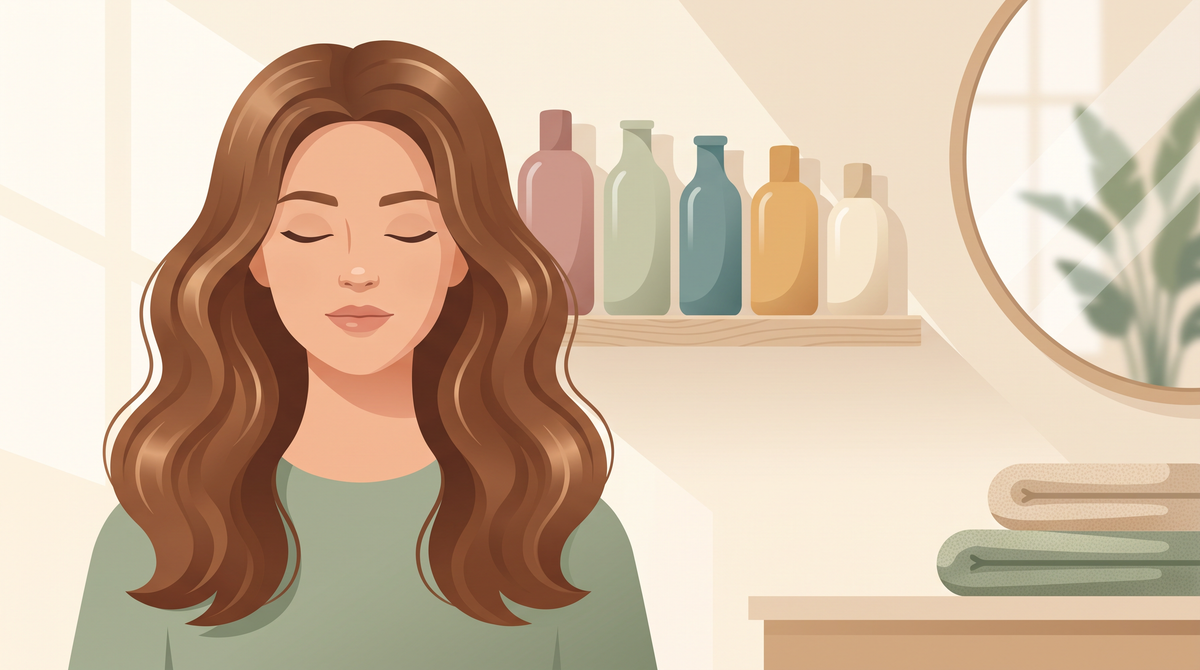 Illustration: Frau mit glänzendem Haar vor einem Regal mit Pflegeflaschen