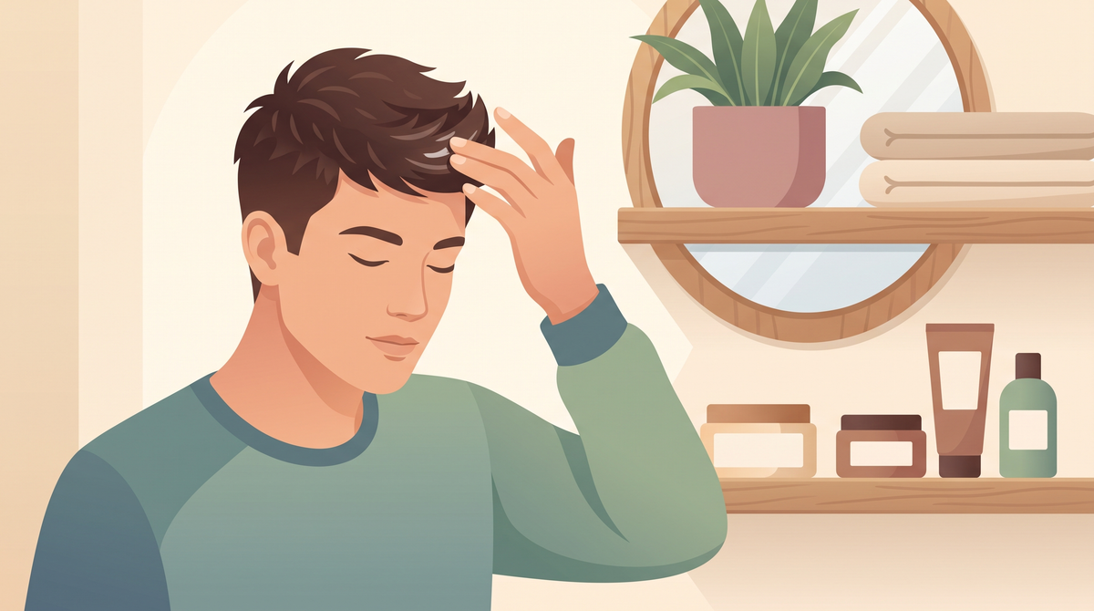 Illustration: Mann arbeitet Stylingprodukt mit den Fingerspitzen ins kurze Haar ein