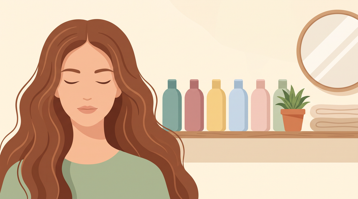 Flache Illustration: Frau mit langen welligen Haaren vor einem Regal mit sechs neutralen Pflegeflaschen