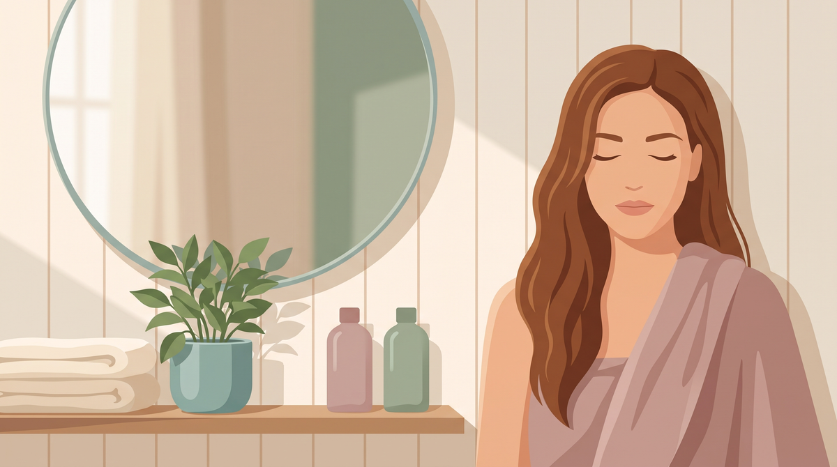 Illustration einer Frau mit langem braunem Haar und Handtuch im hellen Badezimmer nach dem Saunagang