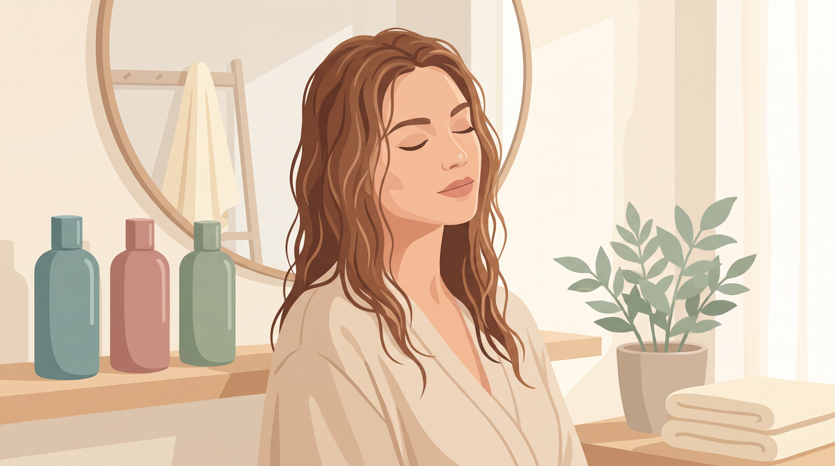 Illustration einer Frau mit feuchtem welligem Haar vor einem Waschtisch, daneben drei Flaschen in einer Reihe