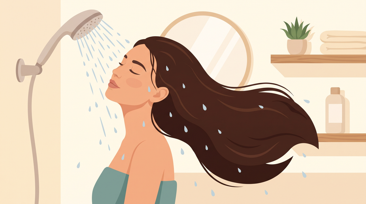 Illustration einer Frau, die ihr langes Haar unter dem Duschkopf nass macht
