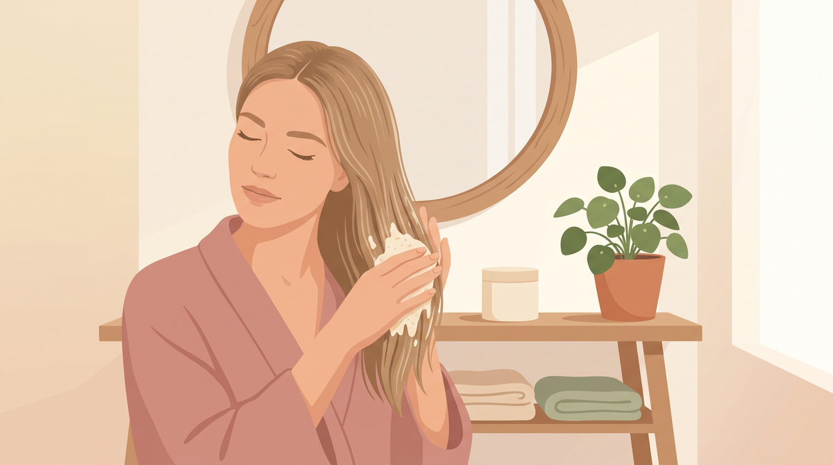 Illustration einer Frau, die eine Haarmaske in die Laengen ihres feinen Haars einarbeitet