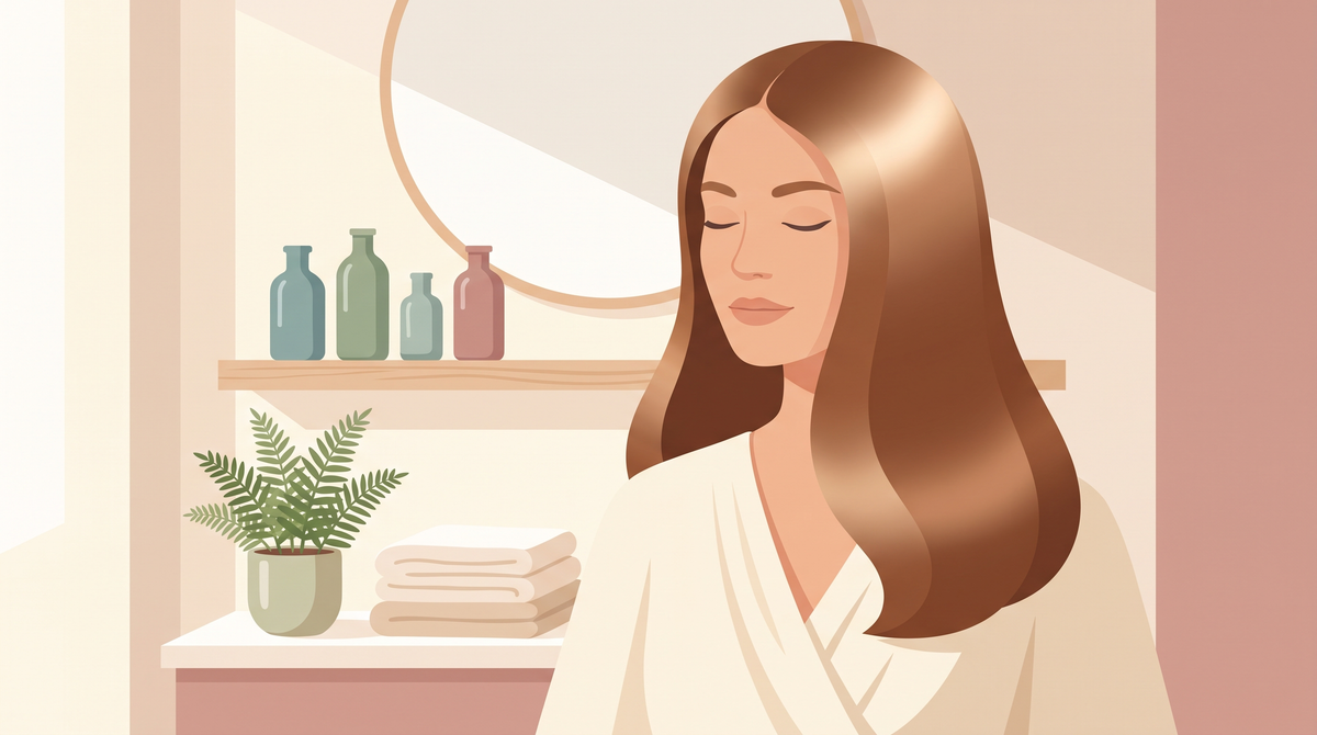 Illustration einer Frau mit glaenzendem glattem Haar vor einem Waschtisch mit Holzregal