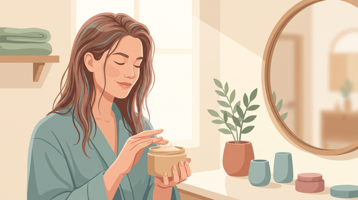 Flache Illustration: Frau im Bademantel entnimmt mit dem Finger Haarmaske aus einem Tiegel