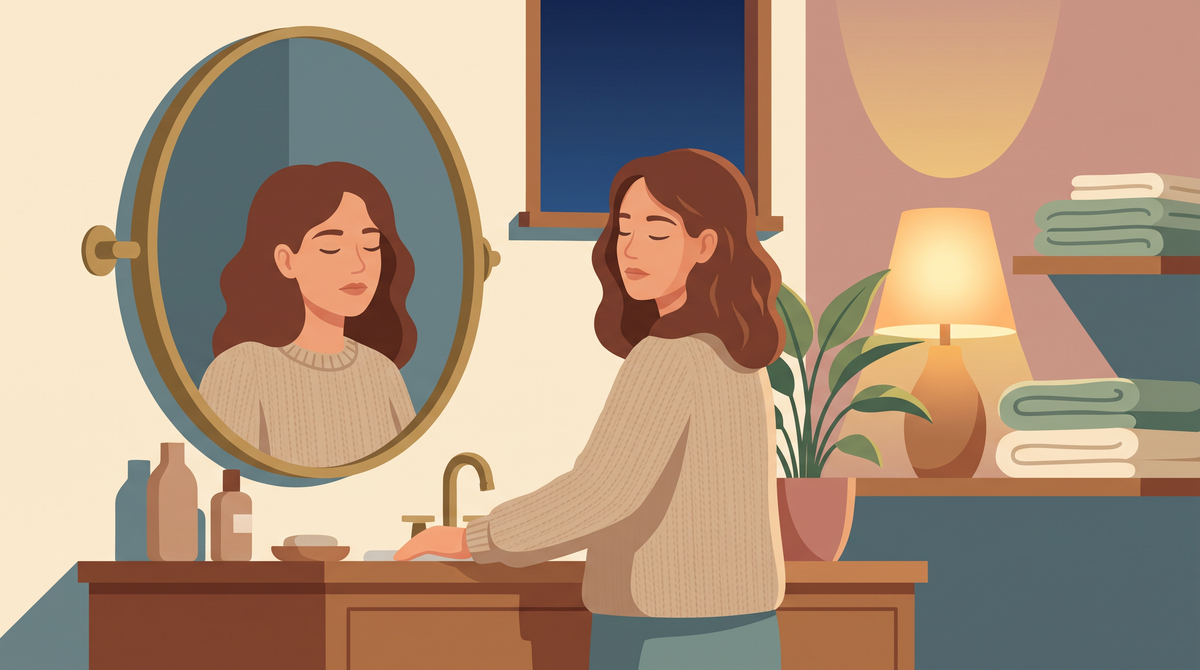 Flache Illustration: Frau am Waschtisch am frühen, noch dunklen Morgen bei Lampenlicht