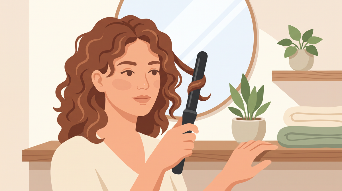 Flache Illustration: Frau dreht eine Strähne ihres lockigen Haares um einen schwarzen Lockenstab