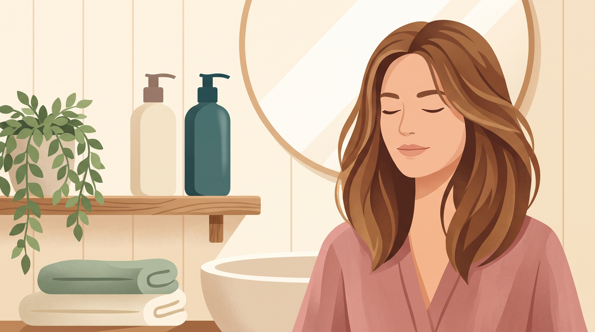 Illustration: zwei neutrale Shampooflaschen nebeneinander auf einem Holzregal, daneben eine Frau mit frisch gewaschenem Haar