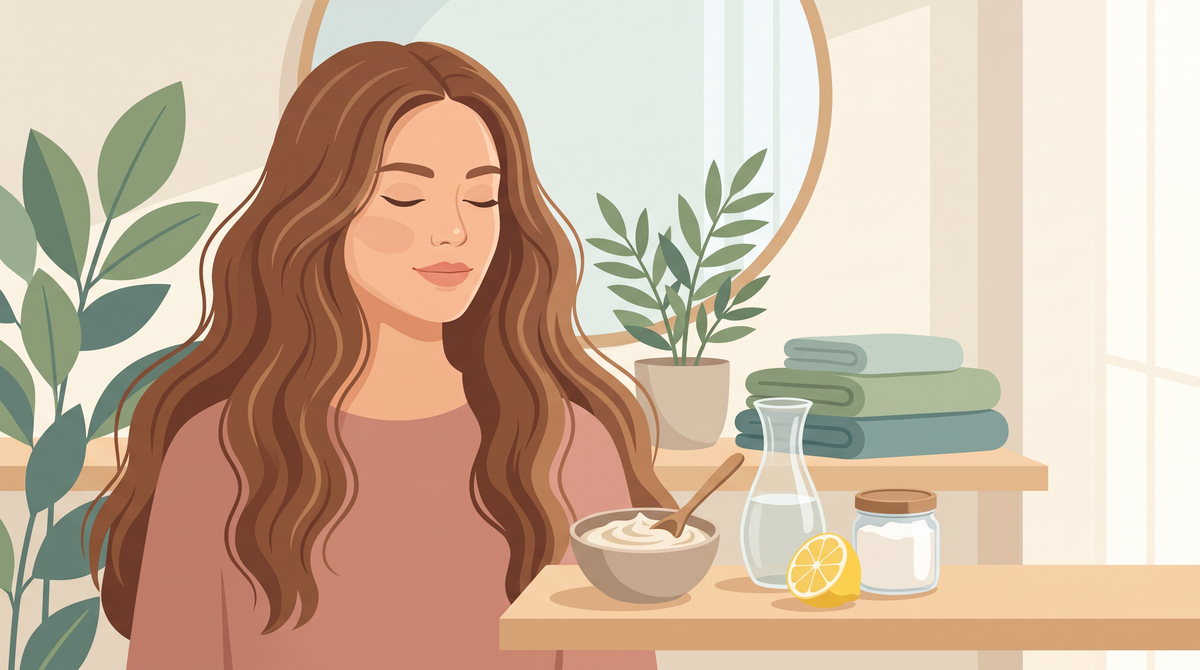 Illustration: Frau mit langem Haar vor einer Schüssel mit selbst gemischter Haarkur, Karaffe, Zitrone und Glas mit weißem Pulver