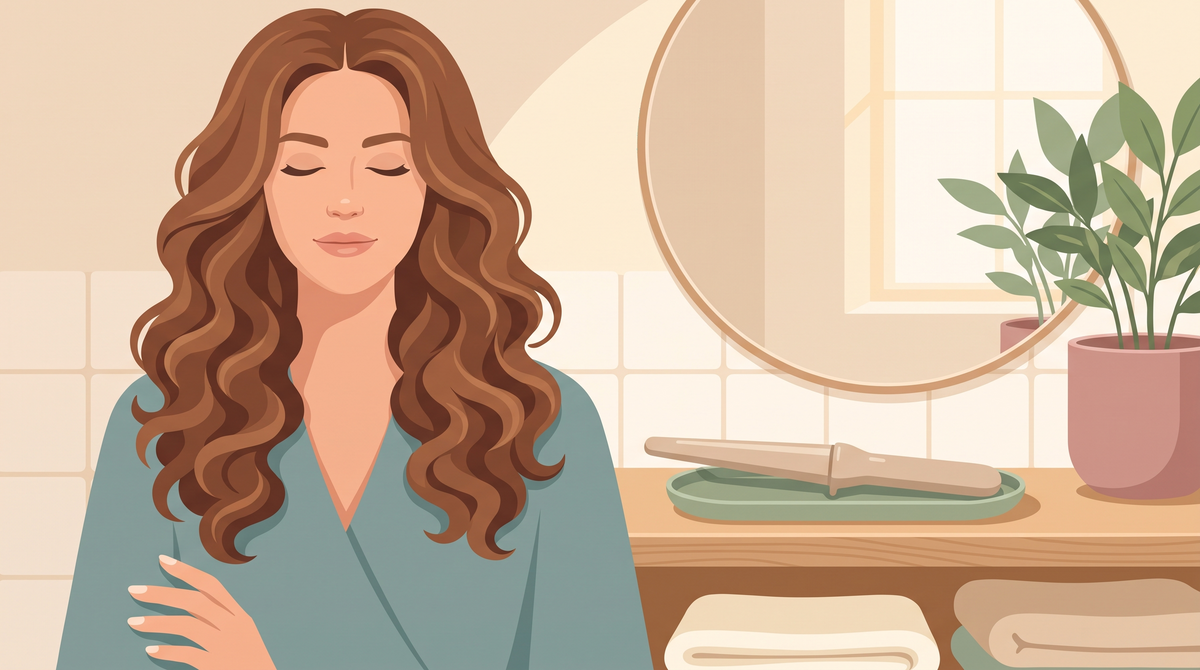Illustration: Frau mit großen definierten Locken, daneben liegt ein schlichter Lockenstab auf einer Ablage