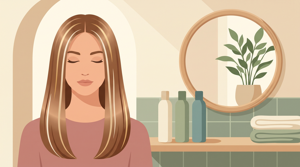 Illustration: Frau mit sehr glattem, glänzendem Haar, daneben drei neutrale Pflegeflaschen auf einem Regal