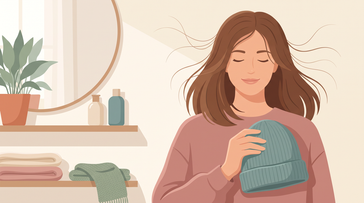 Illustration: Frau mit braunem Haar im Badezimmer, einzelne Haare stehen statisch ab, in der Hand eine Strickmütze