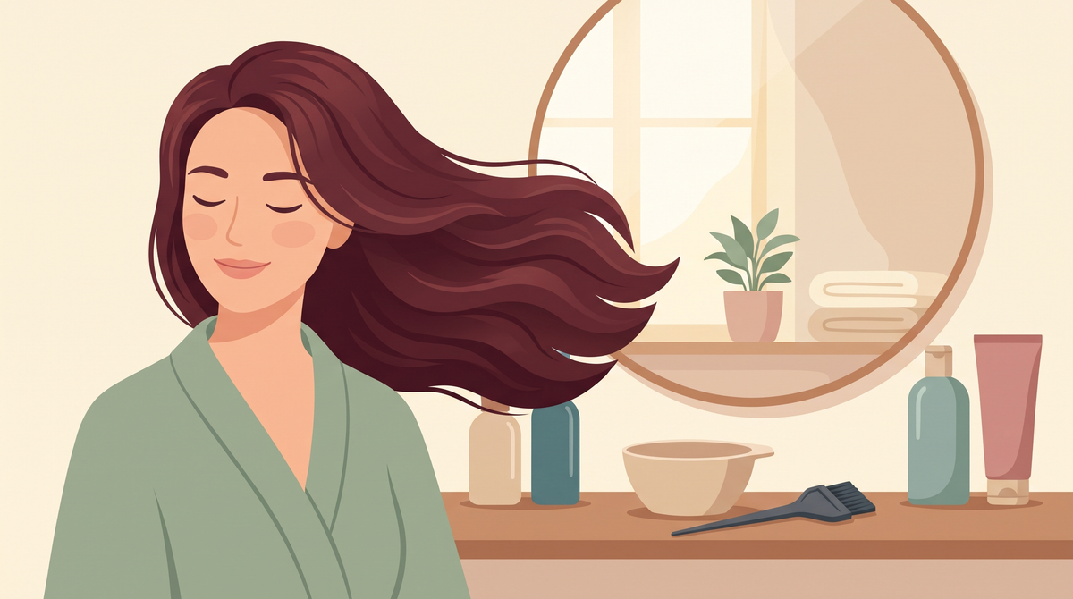 Illustration: Frau mit frisch gefärbtem dunkelrotem Haar, Färbeschale und Pinsel am Waschtisch