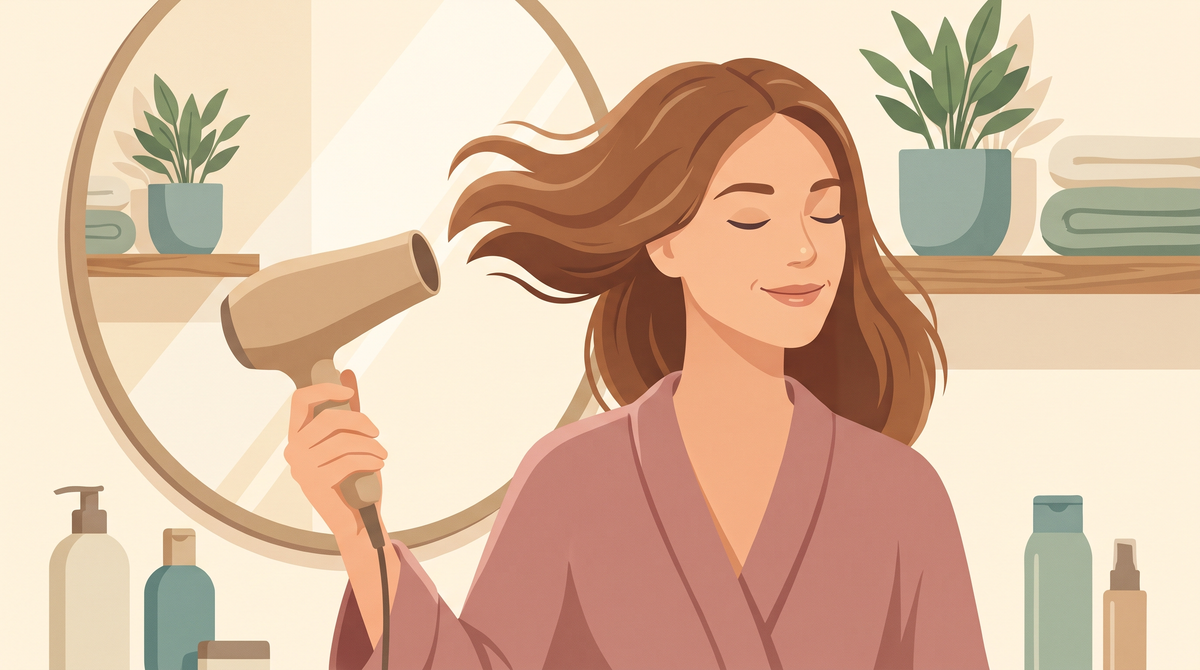 Illustration: Frau föhnt ihr braunes Haar mit einem Haartrockner im Badezimmer