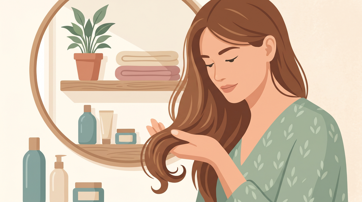 Illustration: Frau betrachtet die Spitzen ihrer langen braunen Haare im Badezimmer