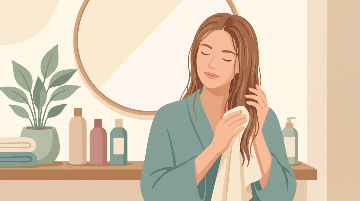 Illustration einer Frau, die ihre nassen Längen sanft mit einem Handtuch ausdrückt