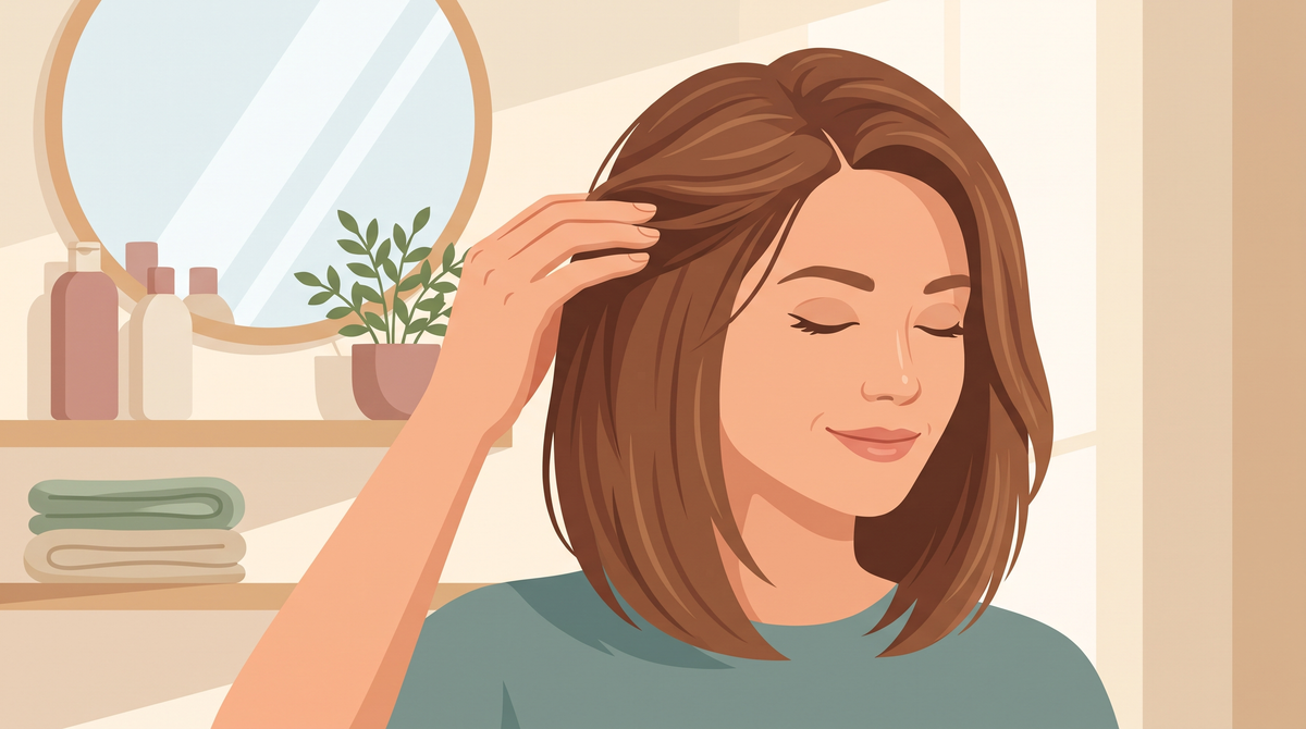 Illustration einer Frau mit feinem, schulterlangem Haar, die ihr Haar am Ansatz anhebt