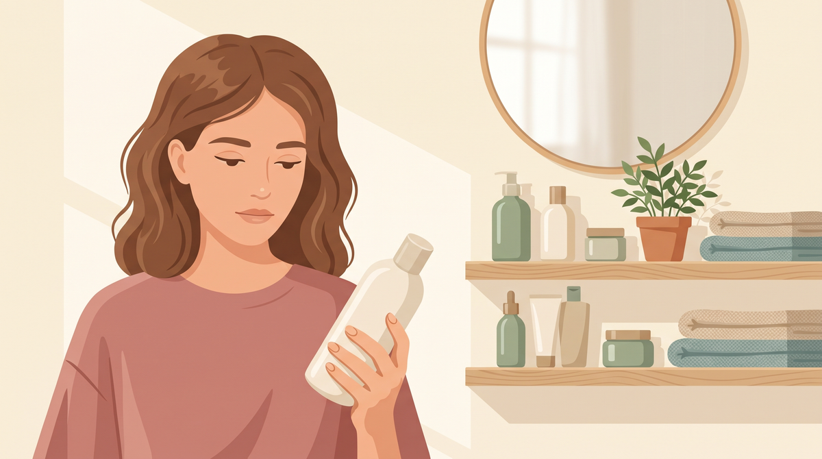 Illustration einer Frau, die eine Pflegeflasche prüfend in der Hand hält