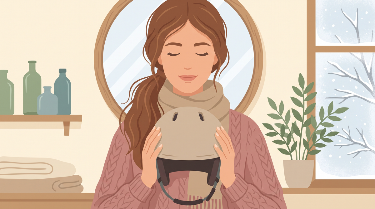 Illustration einer Frau mit geflochtenem Haar, die einen Skihelm in den Händen hält