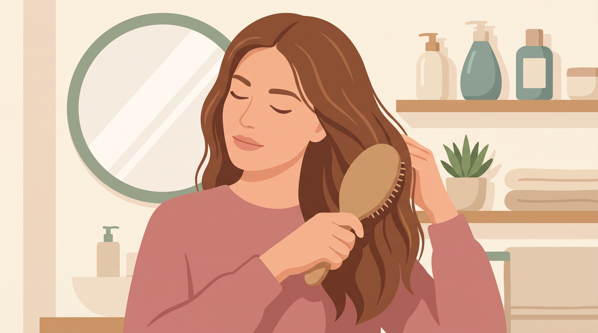 Illustration einer Frau, die ihre langen Haare mit einer Bürste durchkämmt