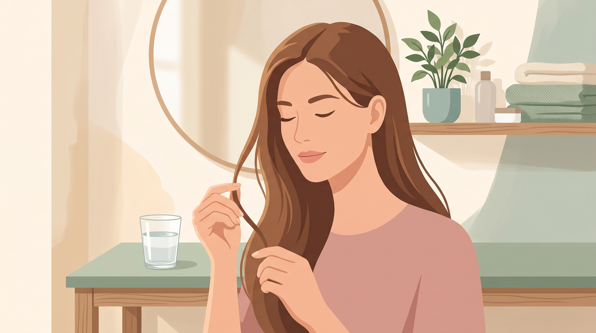 Illustration: Frau prüft eine einzelne Haarsträhne zwischen den Fingern, daneben steht ein Glas Wasser am Waschtisch