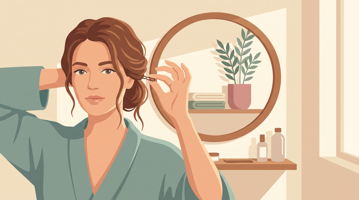 Illustration: Frau löst nach einem Ballabend ihre Hochsteckfrisur und zieht eine Haarnadel heraus
