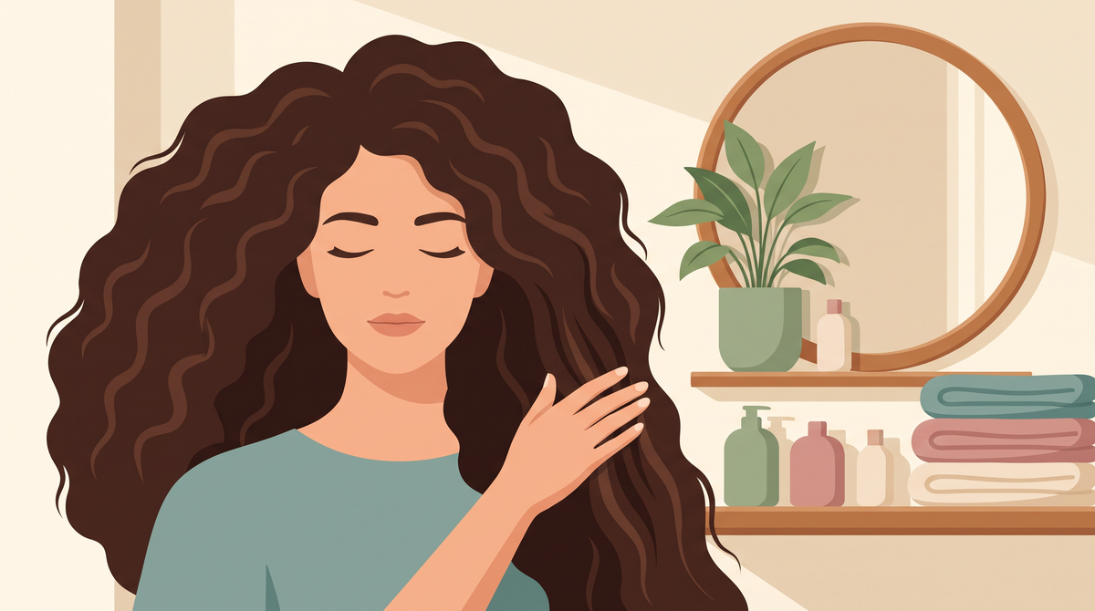 Illustration einer Frau mit sehr dichtem, welligem braunem Haar, das sie glatt streicht