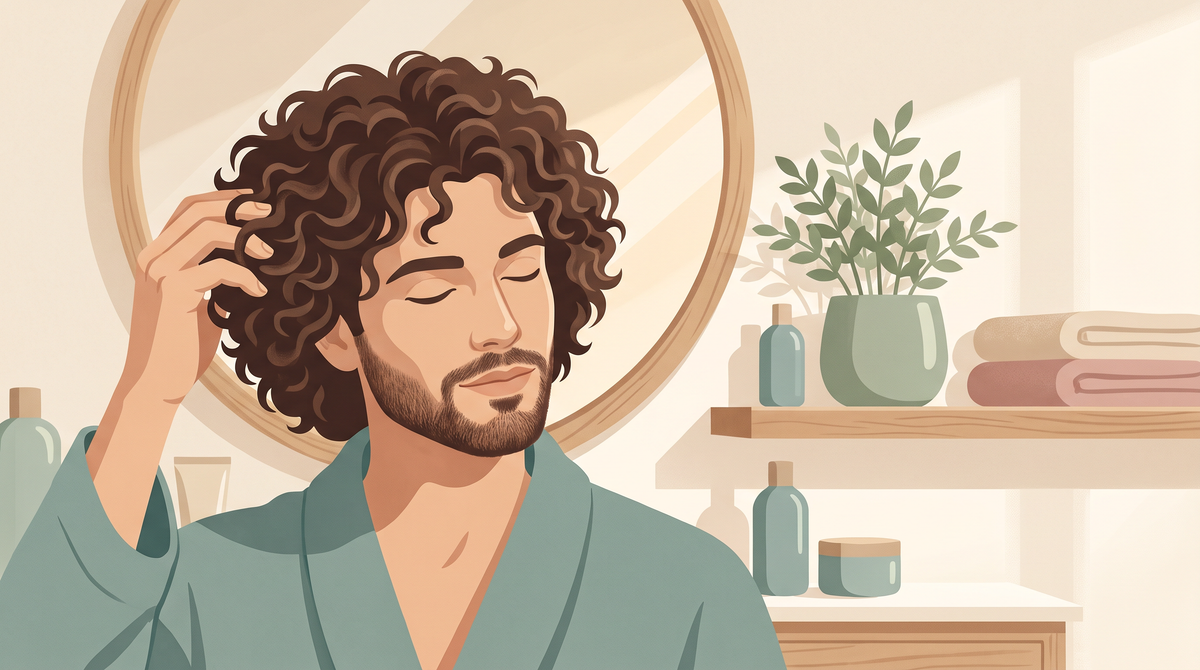 Illustration eines Mannes mit definierten dunklen Locken, der seine Locken mit der Hand knetet