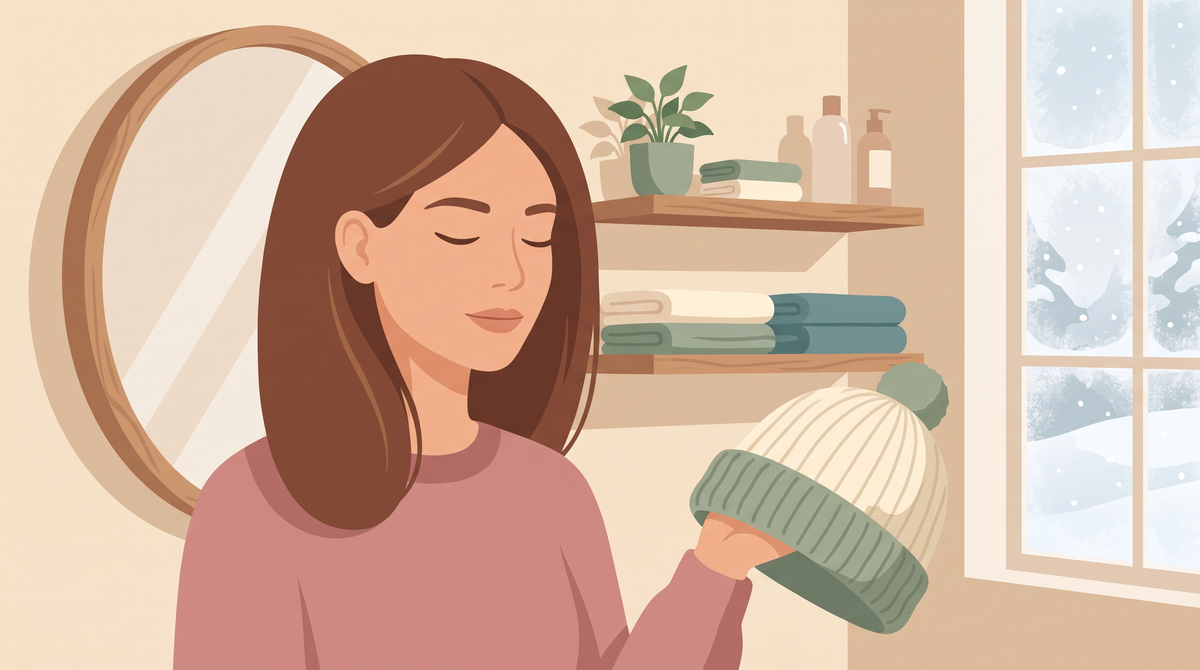 Illustration einer Frau, die im Winter ihre Strickmütze abnimmt, das Haar liegt flach am Ansatz