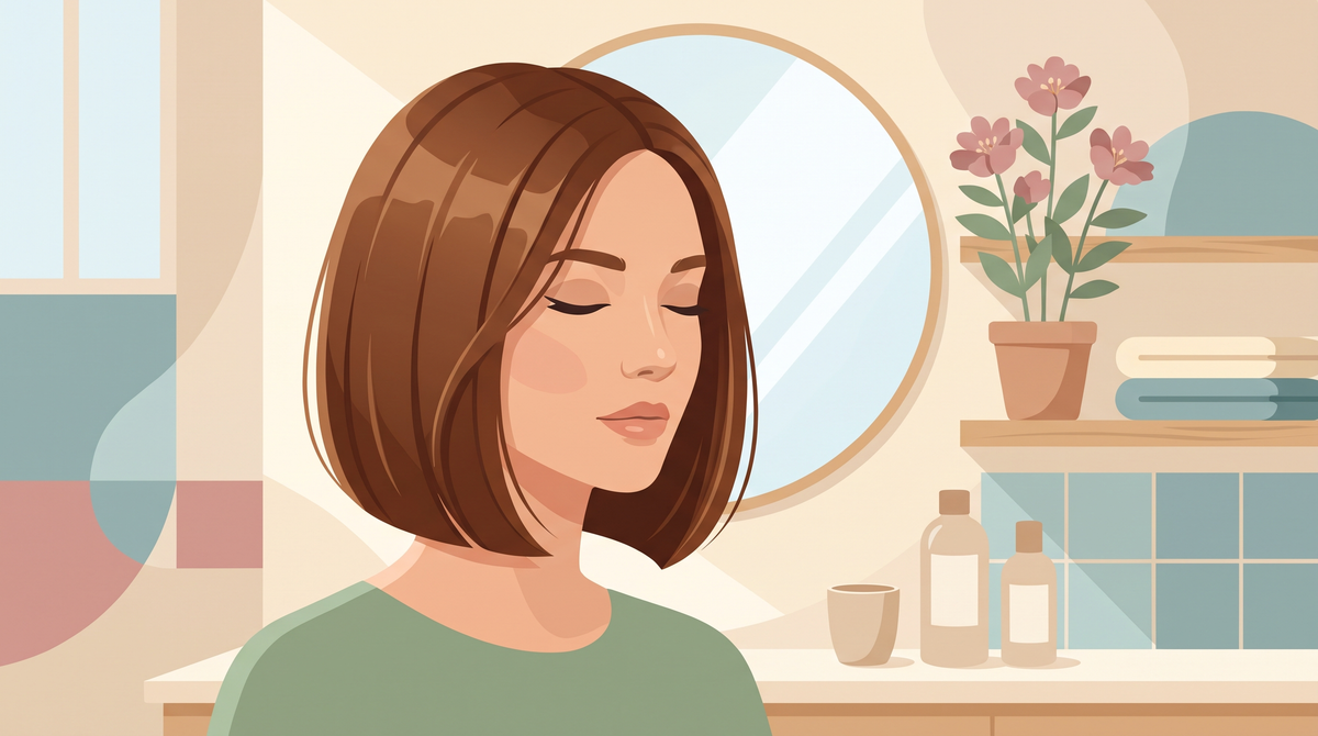 Illustration einer Frau mit glattem braunem Bob vor einem runden Badezimmerspiegel