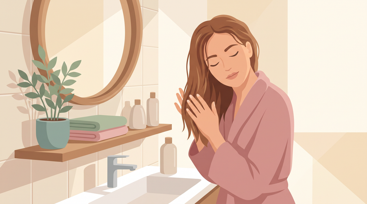 Illustration einer Frau am Waschbecken, die ein Leave-in in die handtuchfeuchten Längen verteilt
