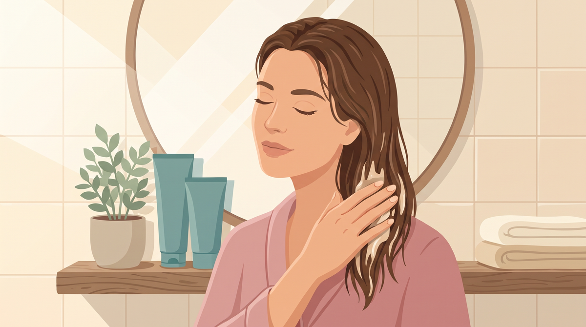Illustration: Frau verteilt Conditioner im feuchten Haar nur in den Längen, Ansatz bleibt frei