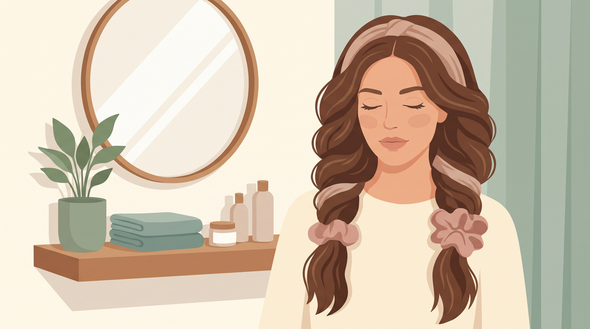 Illustration: Frau mit zu zwei lockeren Zöpfen eingedrehtem Haar und Haarband vor einem runden Badezimmerspiegel