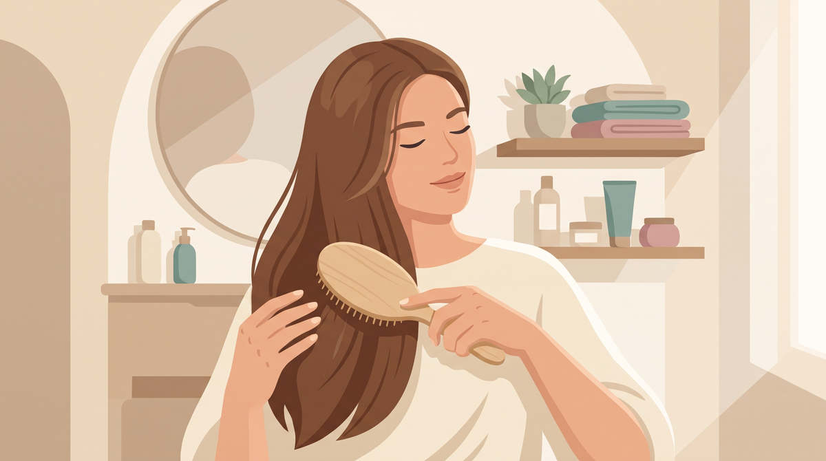 Illustration: Frau bürstet ihr trockenes Haar von den Spitzen aufwärts mit einer Paddle-Bürste