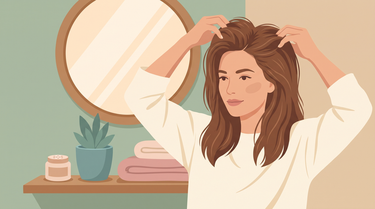 Illustration: Frau hebt ihr feines Haar am Ansatz mit den Fingerspitzen an, daneben ein Puderdöschen im Regal