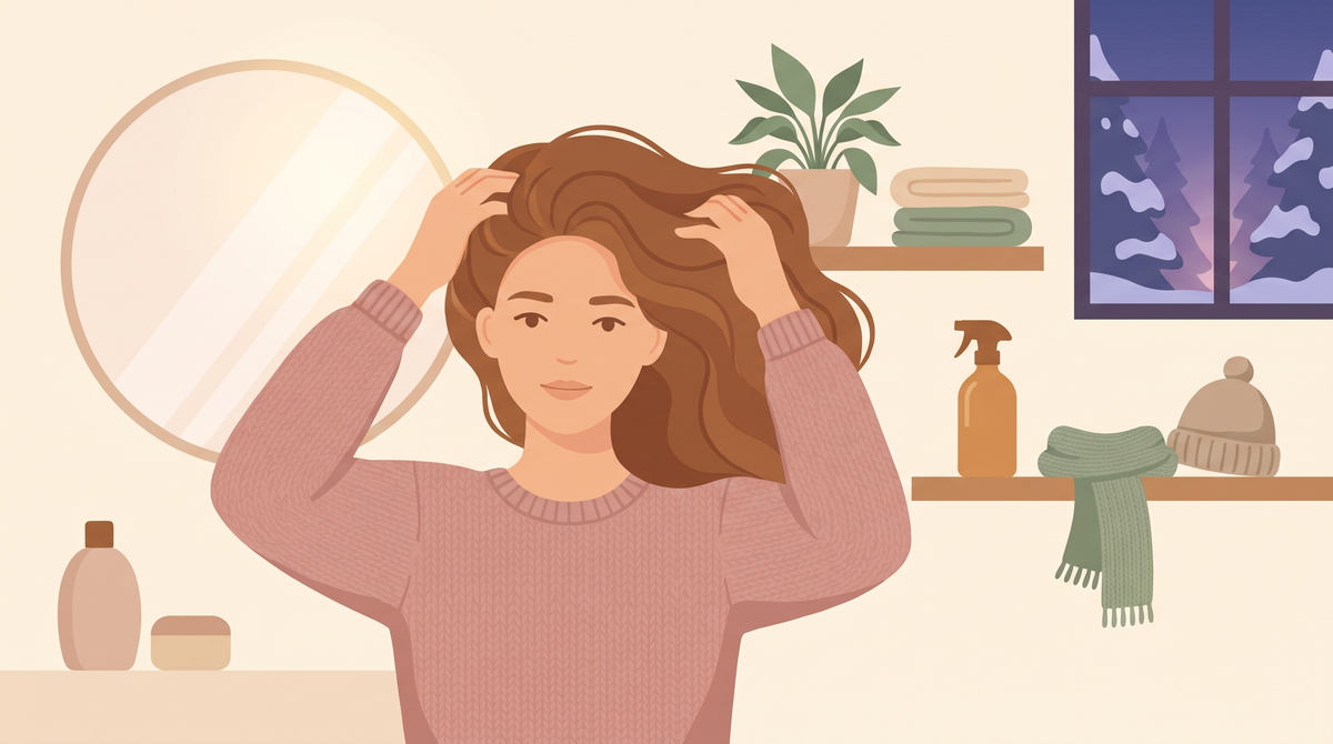 Illustration: Frau lüftet ihr Haar am Ansatz, daneben Schal und Haube im Regal, draußen Winterabend