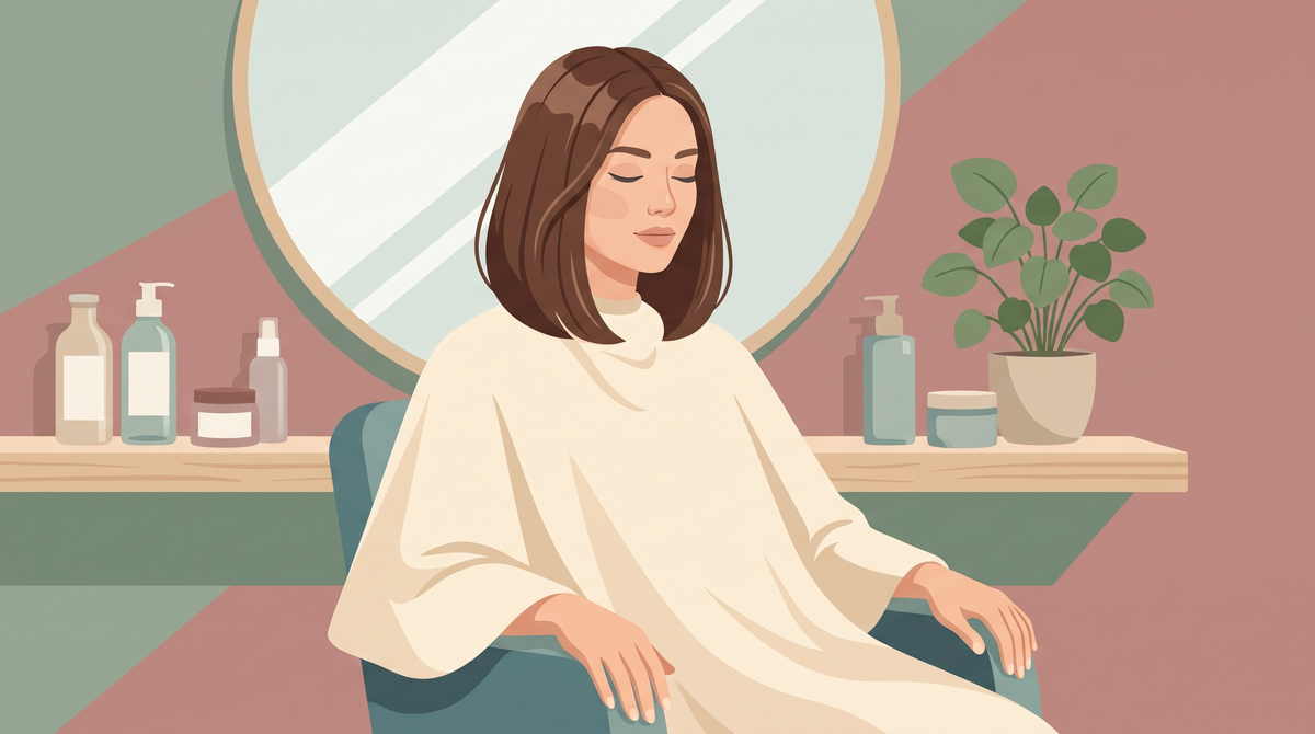 Illustration einer Frau mit Umhang im Friseurstuhl vor einem runden Spiegel