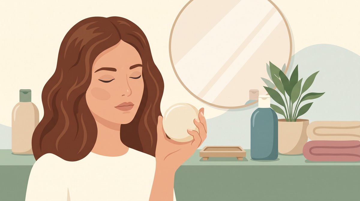 Illustration einer Frau, die ein rundes festes Shampoo-Stück in der Hand hält