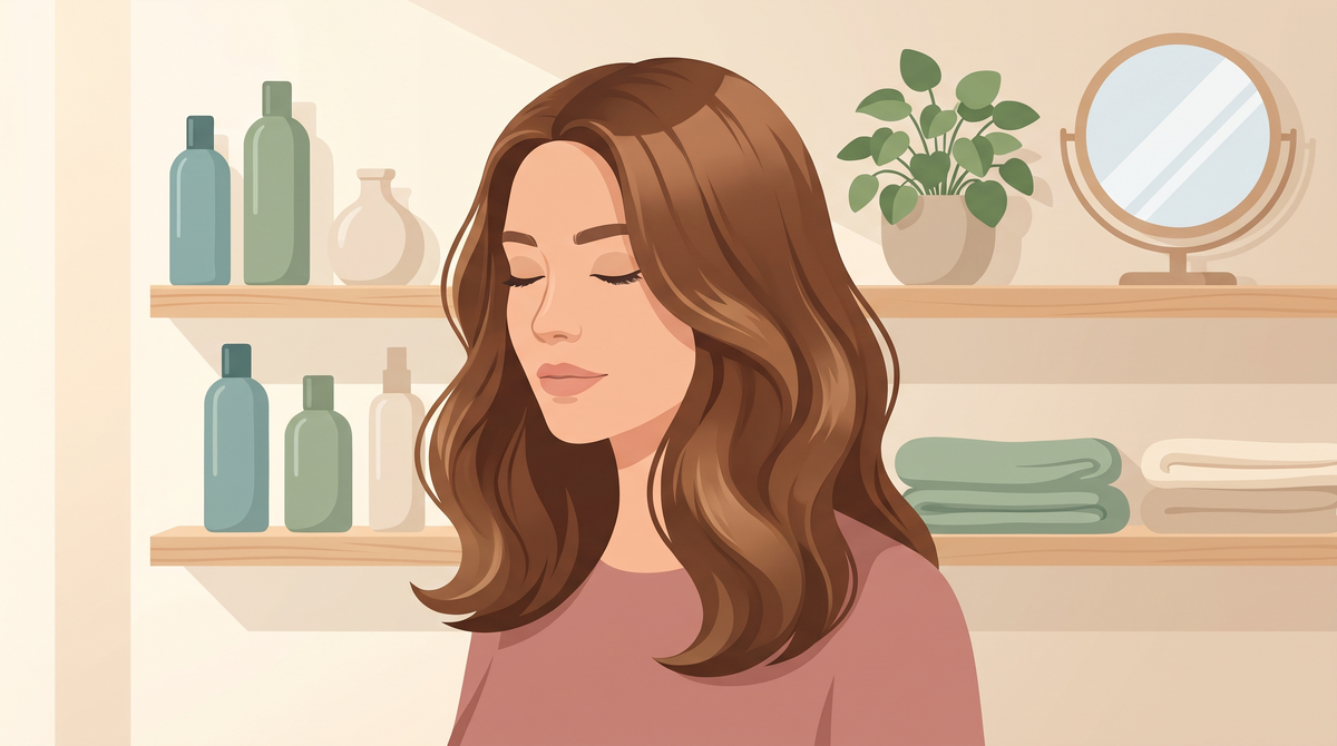 Illustration einer Frau mit glänzendem braunem Haar vor einem Regal mit Pflegeflaschen