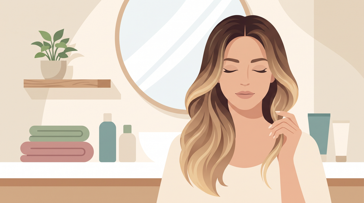 Illustration einer Frau mit langem Balayage-Haar, dunkler Ansatz geht in honigblonde Längen über