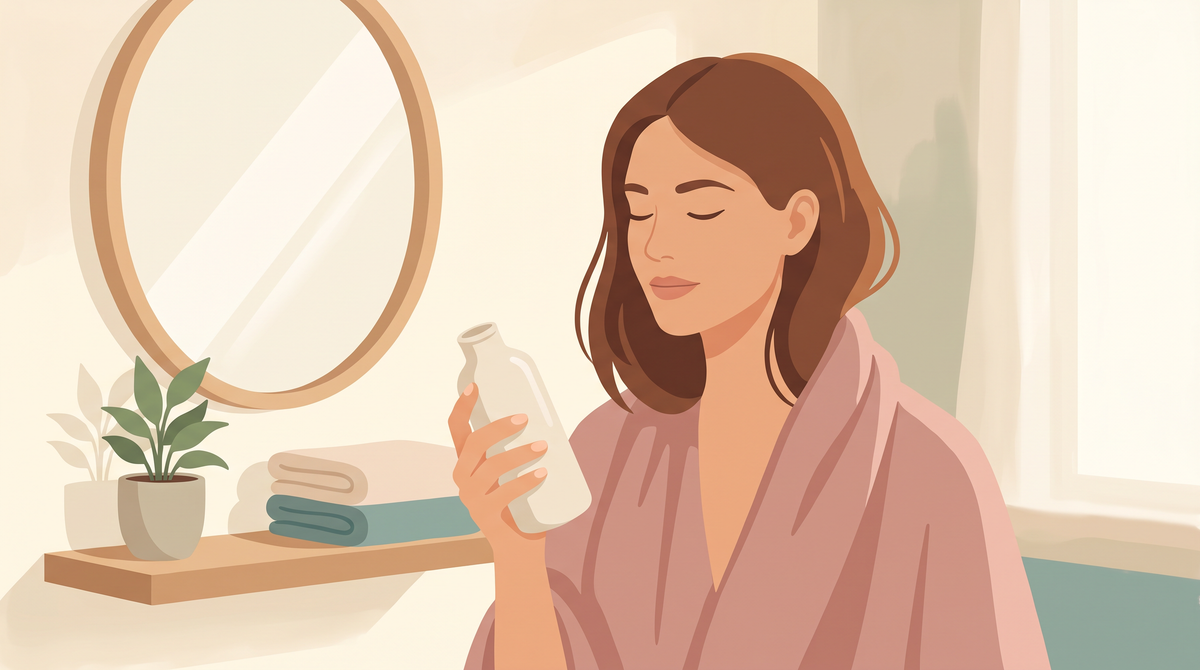 Flache Illustration: Frau mit Handtuch über den Schultern hält eine neutrale Flasche vor dem Badezimmerspiegel