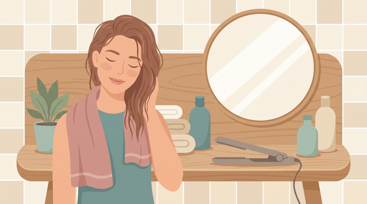 Flache Illustration: Frau mit handtuchfeuchtem Haar, daneben liegt ein geschlossenes Glätteisen auf dem Holzregal