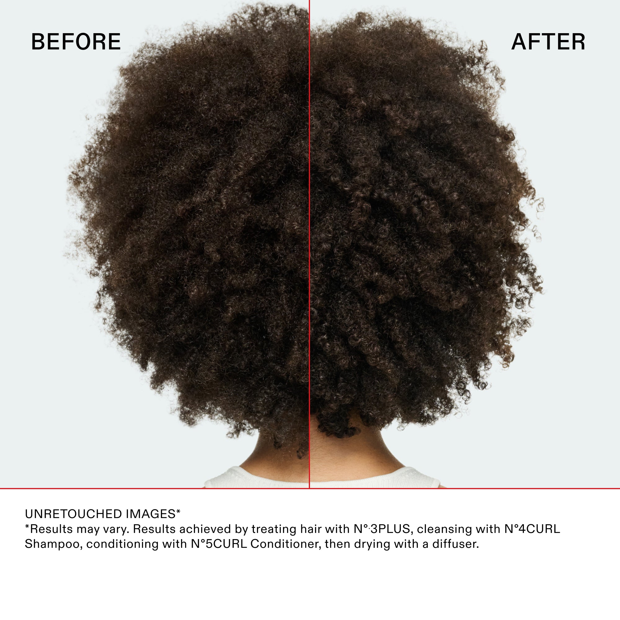 Olaplex No.3PLUS – Vorher-Nachher-Bild, krauses Naturhaar, unretuschiert (Herstellerfoto)