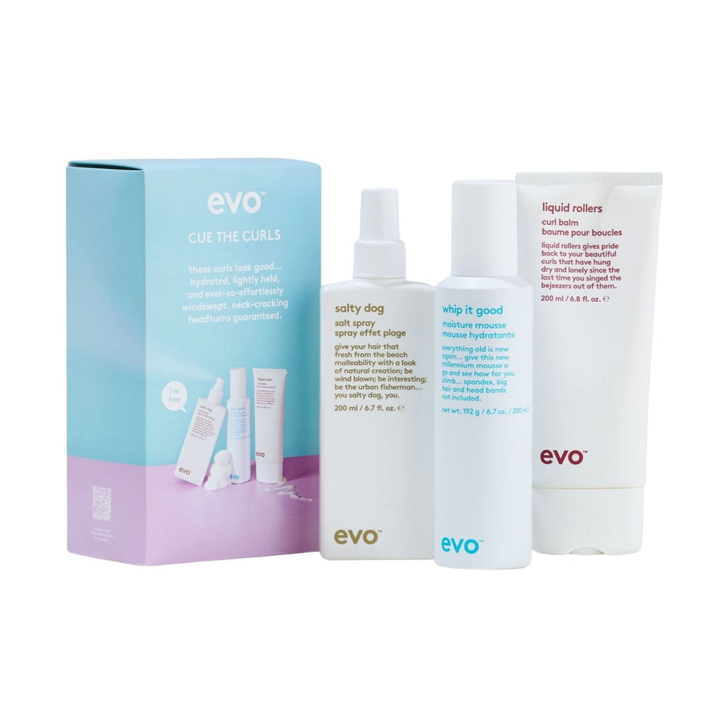 evo Cue the Curls Lockenpflege Set mit Geschenkbox, Salty Dog, Whip It Good und Liquid Rollers