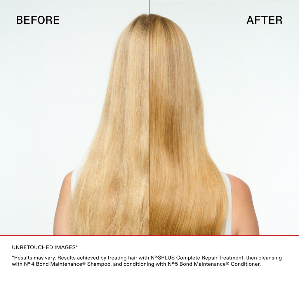 Olaplex No.3PLUS – Vorher-Nachher-Bild, langes blondes Haar nach No.3PLUS mit No.4 und No.5, unretuschiert (Herstellerfoto)