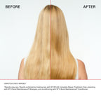 Olaplex No.3PLUS – Vorher-Nachher-Bild, langes blondes Haar nach No.3PLUS mit No.4 und No.5, unretuschiert (Herstellerfoto)
